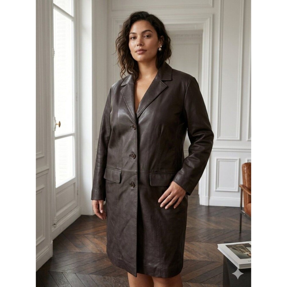 Tribeca Classic Black Leather Button-Front Women's Trench Coat Size 14W